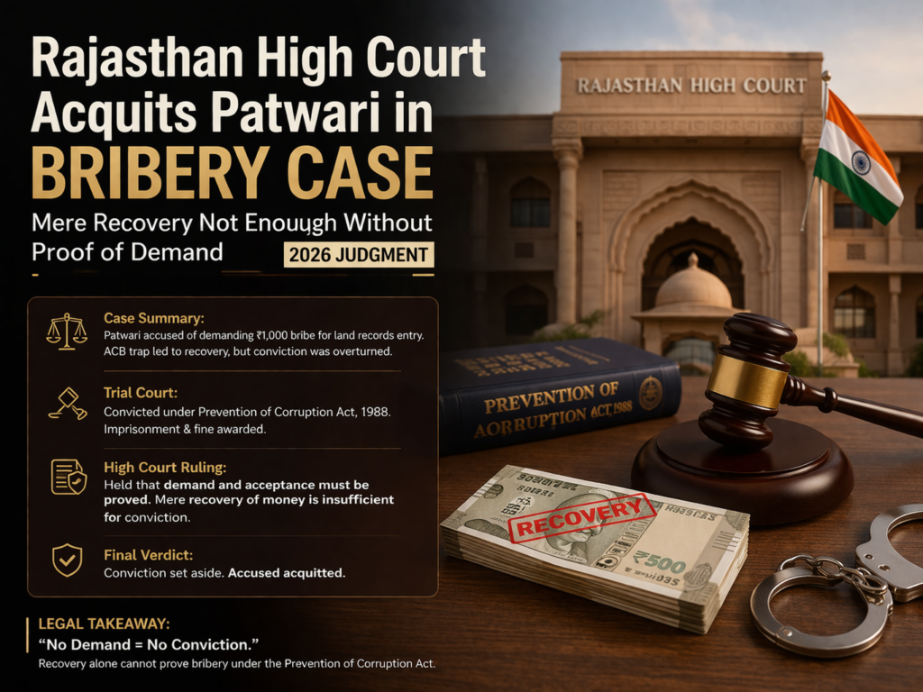 Rajasthan High Court Acquits Patwari in Bribery Case Mere Recovery Not Enough Without Proof of Demand (2026 Judgment)