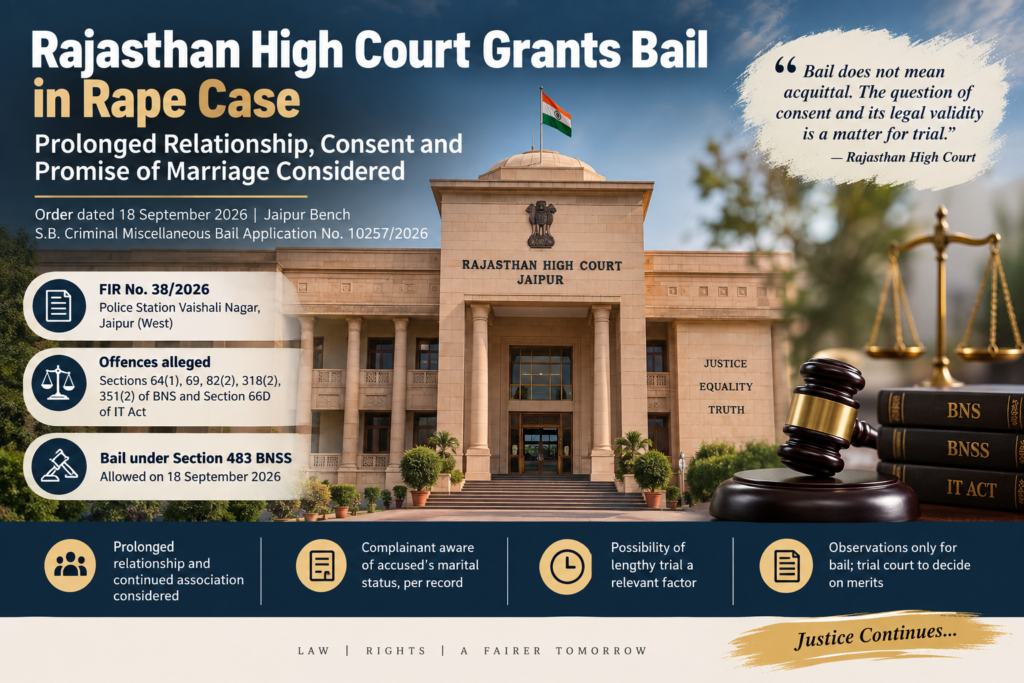 Jaipur High Court Granted Bail in Rape Case Prolonged Relationship, Consent and Promise of Marriage Considered
